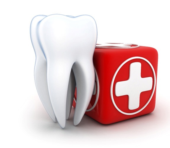 Illustration of tooth next to cube with medical crosses on it